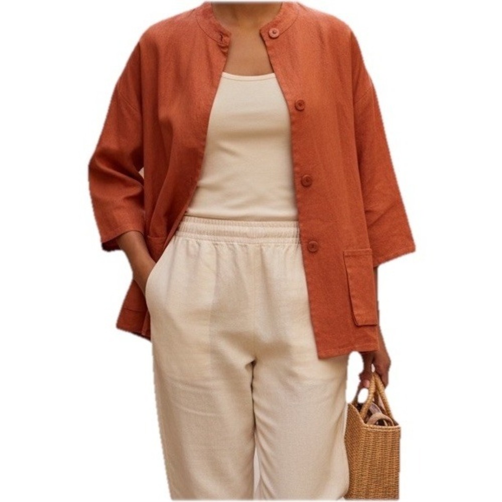 New Simone Chin Chin  Linen Jacket Mandarin Collar Spring Coat Orange Small